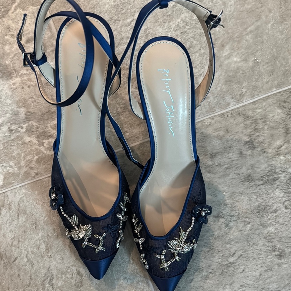 Betsey Johnson Navy Blue Embroidered Heels